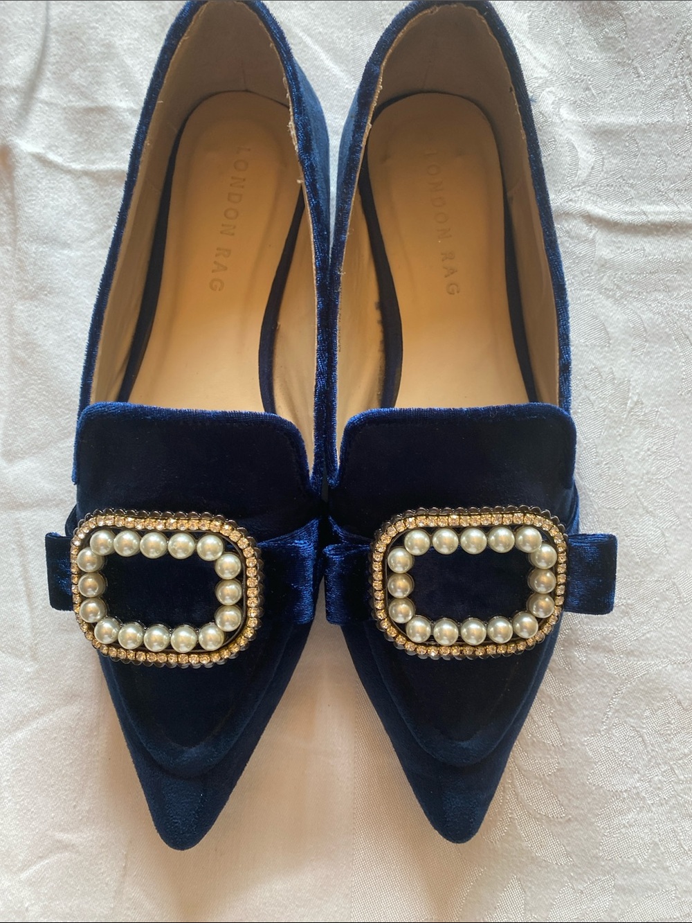 London Rag Royal Blue Velvet Pearl & Rhinestone Buckle Pointed Toe Flats Size 10